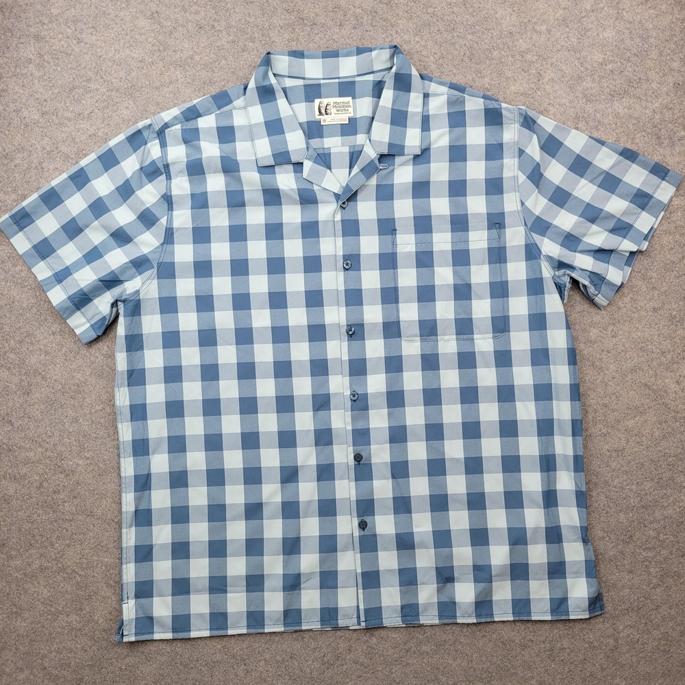 Marmot Shirt Mens 2XL Blue Mountain Works Check Button Front Short Sleeve Casual
